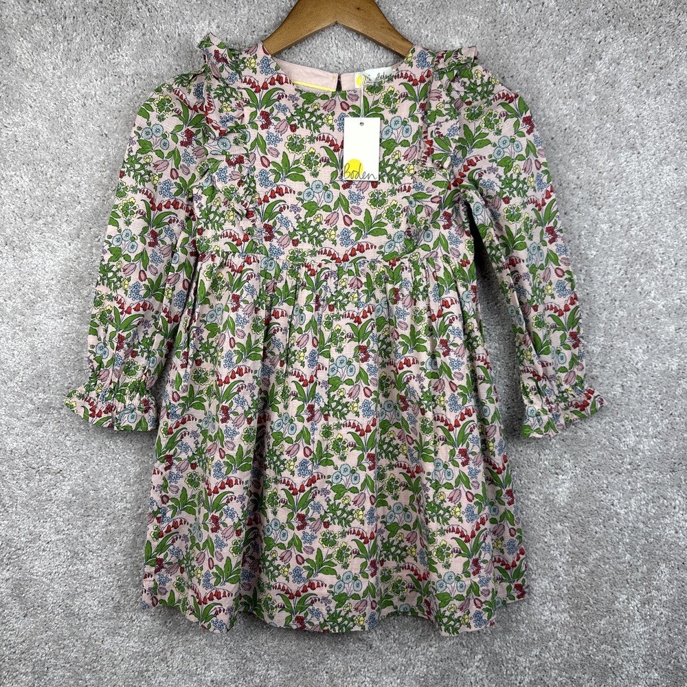 Mini Boden Girl's Long Sleeve Frill Tiered Dress Dusky Pink Wildflower Size 7-8